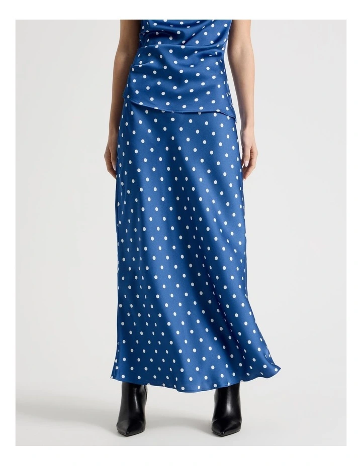 Satin Maxi Slip Skirt in Blue Spot Print image 2