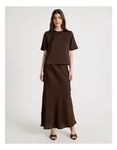 Satin Maxi Slip Skirt in Brown