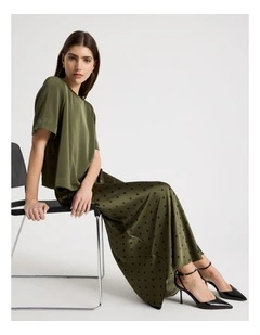 Satin Maxi Slip Skirt in Olive Spot Print