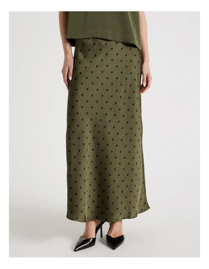 Satin Maxi Slip Skirt in Olive Spot Print image 2