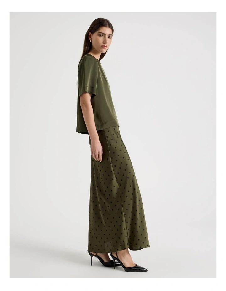 Satin Maxi Slip Skirt in Olive Spot Print image 3