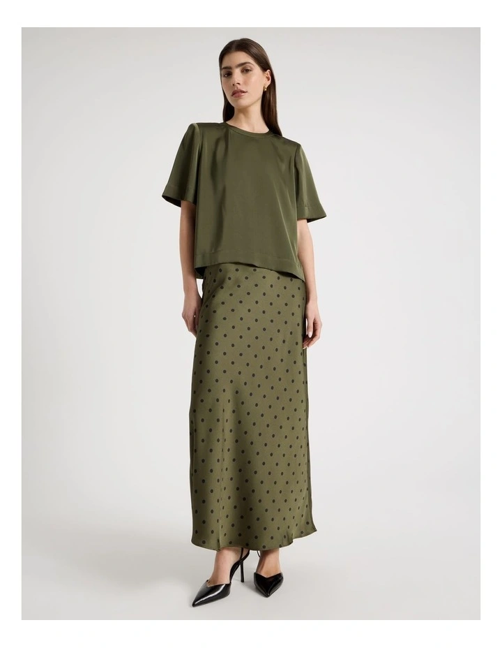 Satin Maxi Slip Skirt in Olive Spot Print image 4