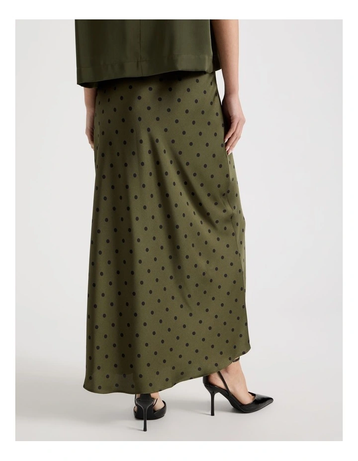 Satin Maxi Slip Skirt in Olive Spot Print image 5