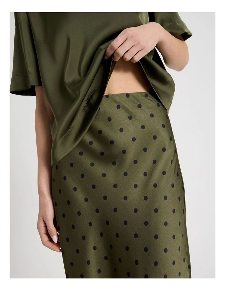 Satin Maxi Slip Skirt in Olive Spot Print image 6