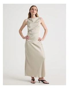 Satin Bias Maxi Skirt in Stone