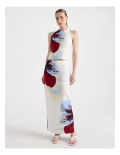 Linen Blend Orchid Column Midi Skirt in White