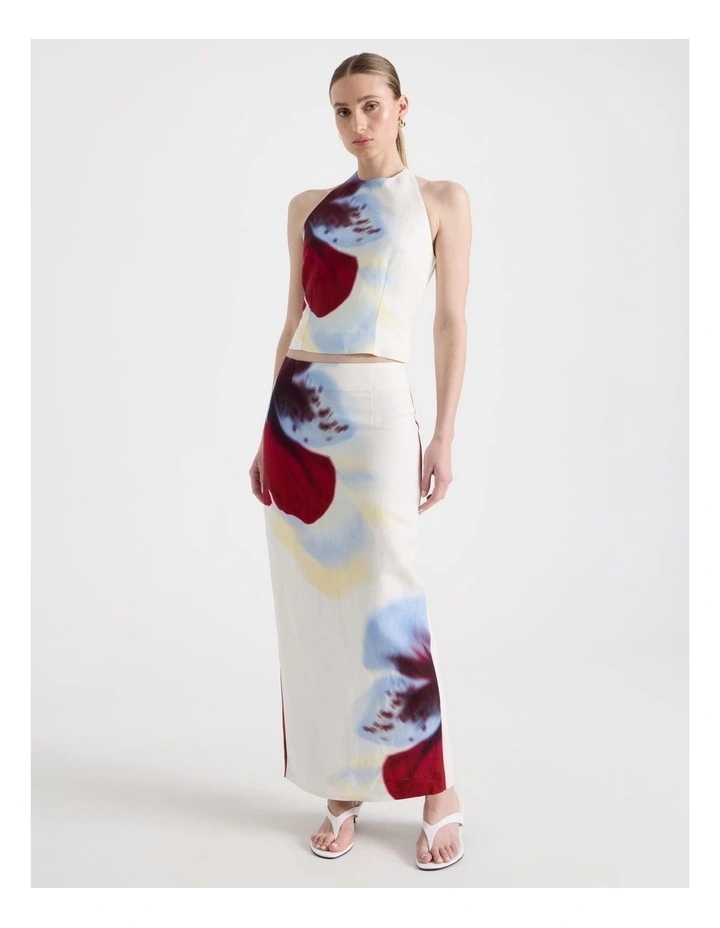 Linen Blend Orchid Column Midi Skirt in White image 1