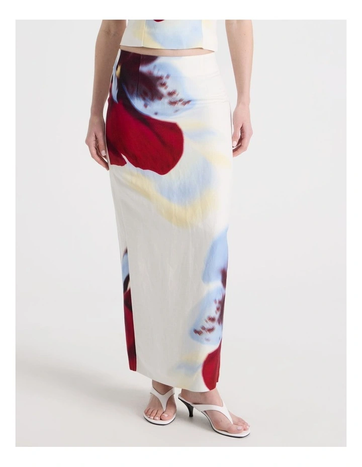 Linen Blend Orchid Column Midi Skirt in White image 2