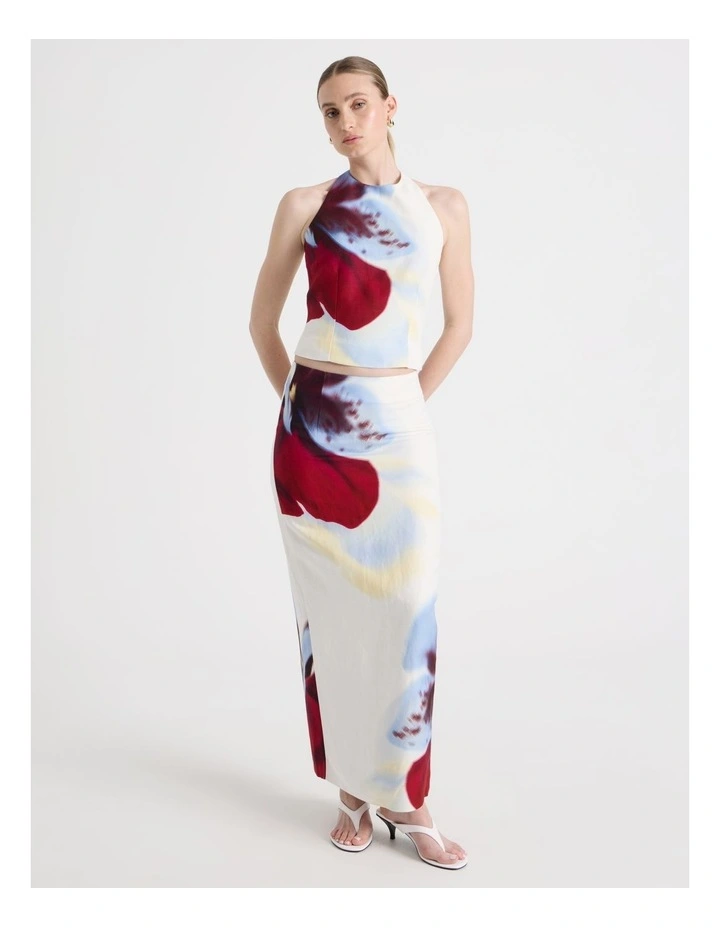 Linen Blend Orchid Column Midi Skirt in White image 3