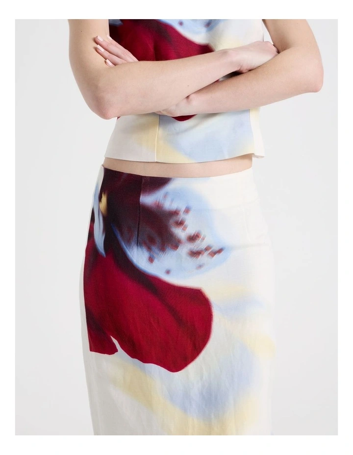 Linen Blend Orchid Column Midi Skirt in White image 5