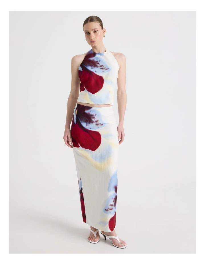 Linen Blend Orchid Column Midi Skirt in White image 7