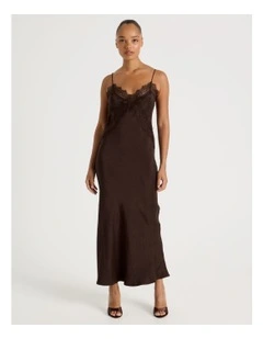 Crinkle Satin Lace Slip Dress in Dark Brown