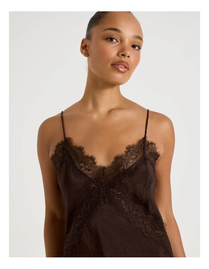 Crinkle Satin Lace Slip Dress in Dark Brown image 4