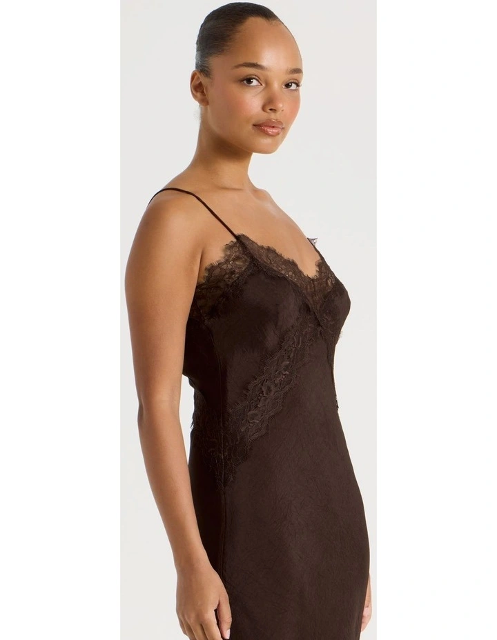 Crinkle Satin Lace Slip Dress in Dark Brown image 6