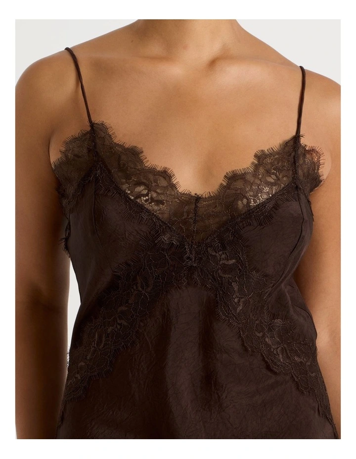 Crinkle Satin Lace Slip Dress in Dark Brown image 7