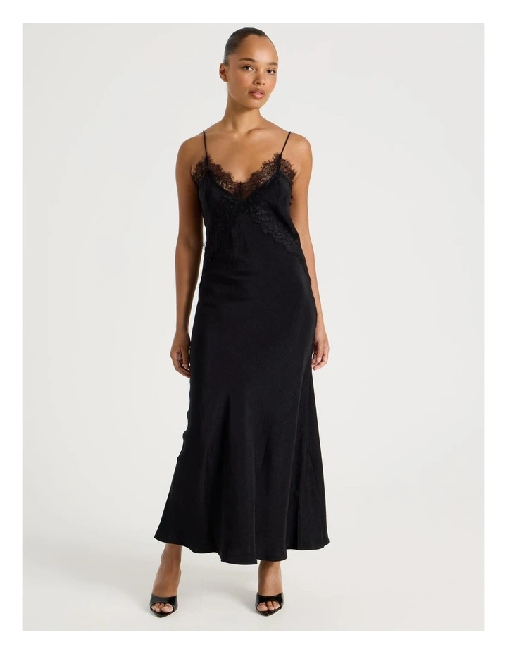 Crinkle Satin Lace Slip Dress in Black image 1
