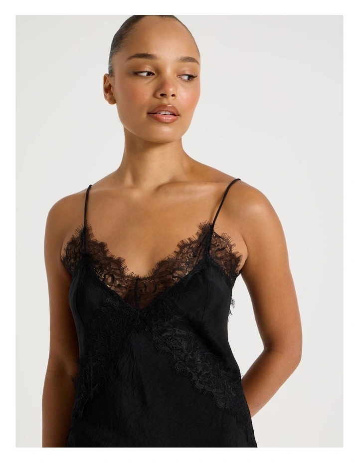 Crinkle Satin Lace Slip Dress in Black image 2