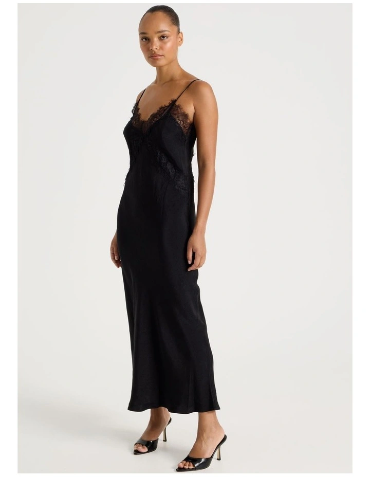 Crinkle Satin Lace Slip Dress in Black image 3