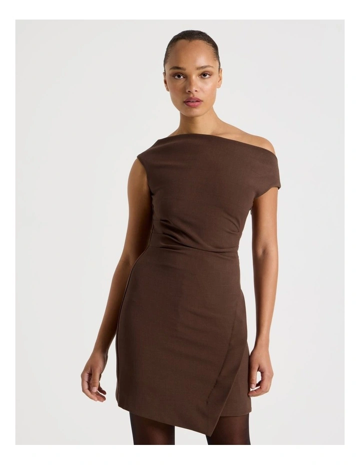 Tailored Draped Mini Dress in Dark Brown image 2