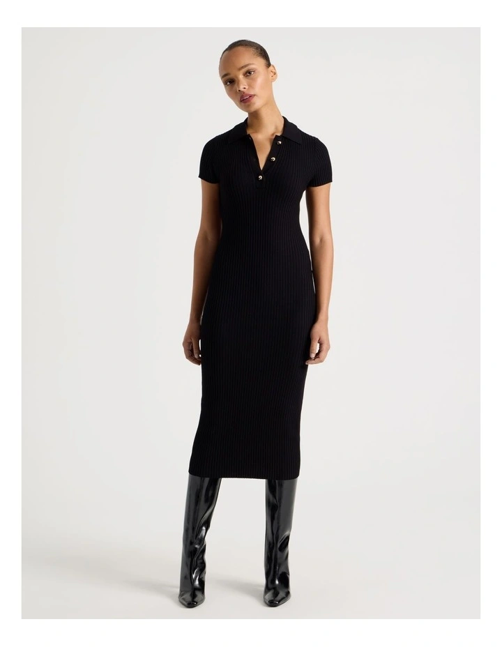Button Down Knit Midi Dress in Black image 3
