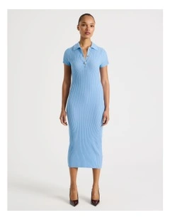 Button Down Knit Midi Dress in Light Blue