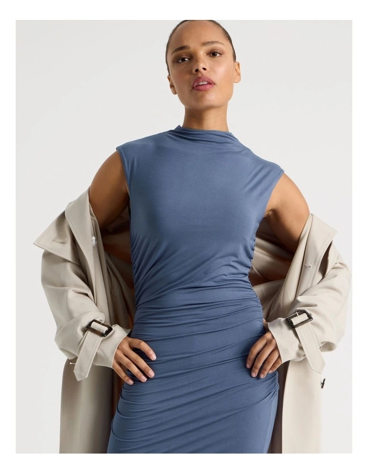 Drape Jersey Ruched Midi Dress in Dusty Blue image 2