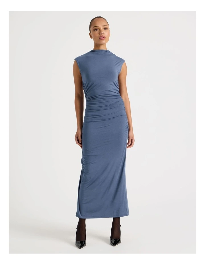 Drape Jersey Ruched Midi Dress in Dusty Blue image 3