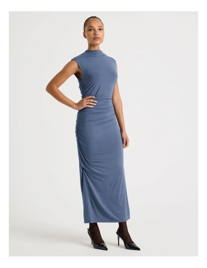 Drape Jersey Ruched Midi Dress in Dusty Blue image 6