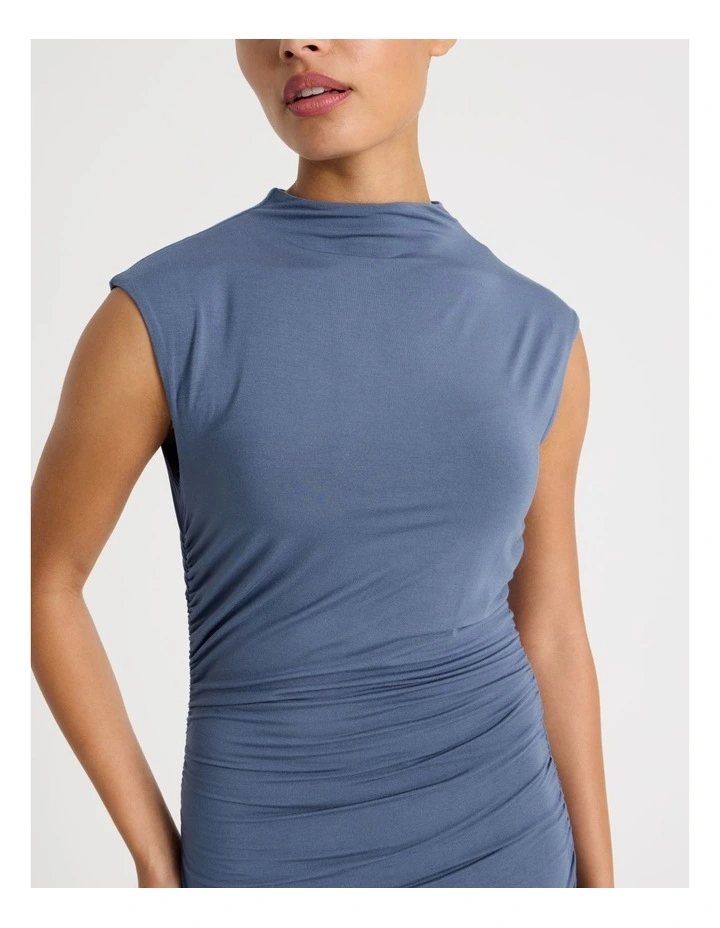Drape Jersey Ruched Midi Dress in Dusty Blue image 7