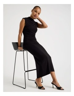 Drape Jersey Ruched Midi Dress in Black