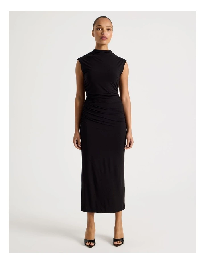 Drape Jersey Ruched Midi Dress in Black image 2