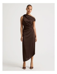 Satin Draped Asymmetrical Midi Dress in Dark Brown
