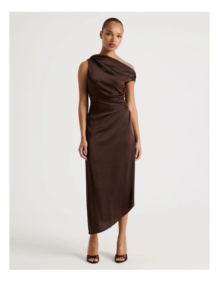 Satin Draped Asymmetrical Midi Dress in Dark Brown image 1