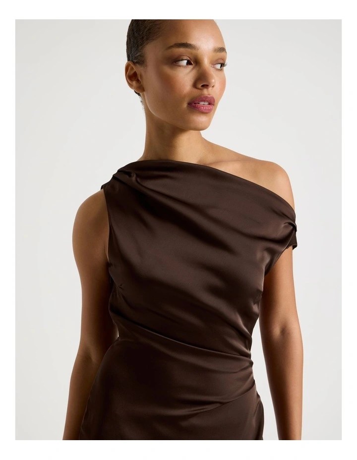 Satin Draped Asymmetrical Midi Dress in Dark Brown image 2