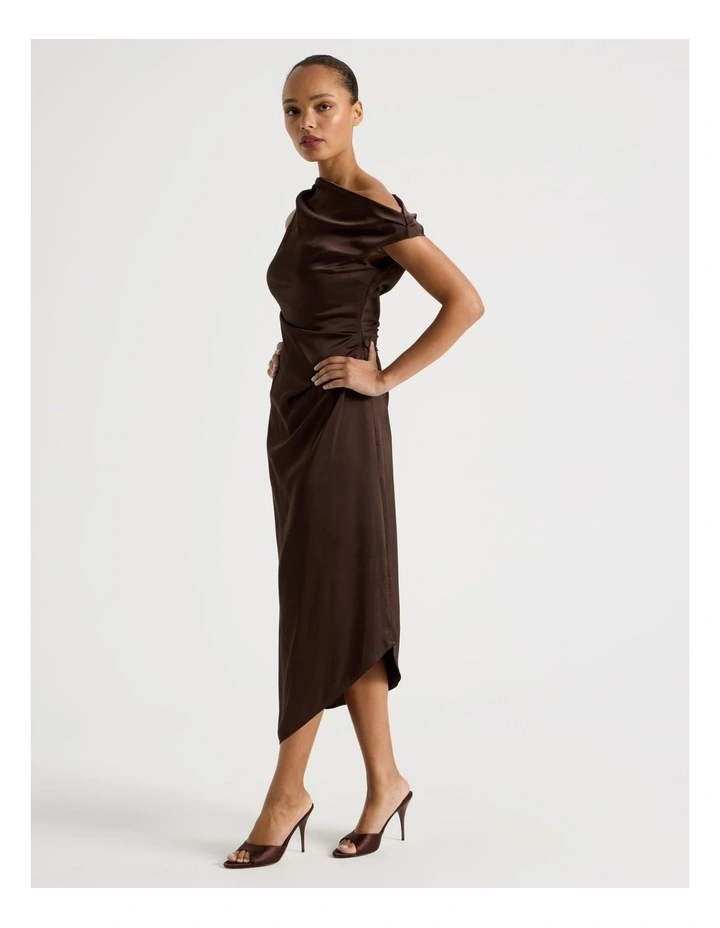 Satin Draped Asymmetrical Midi Dress in Dark Brown image 3