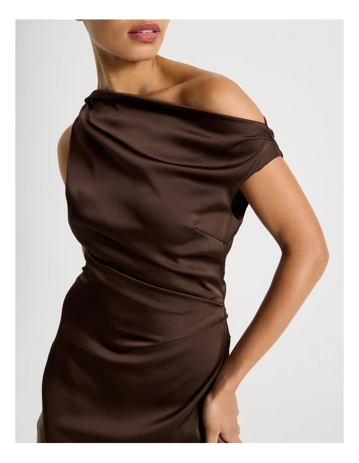 Satin Draped Asymmetrical Midi Dress in Dark Brown image 4