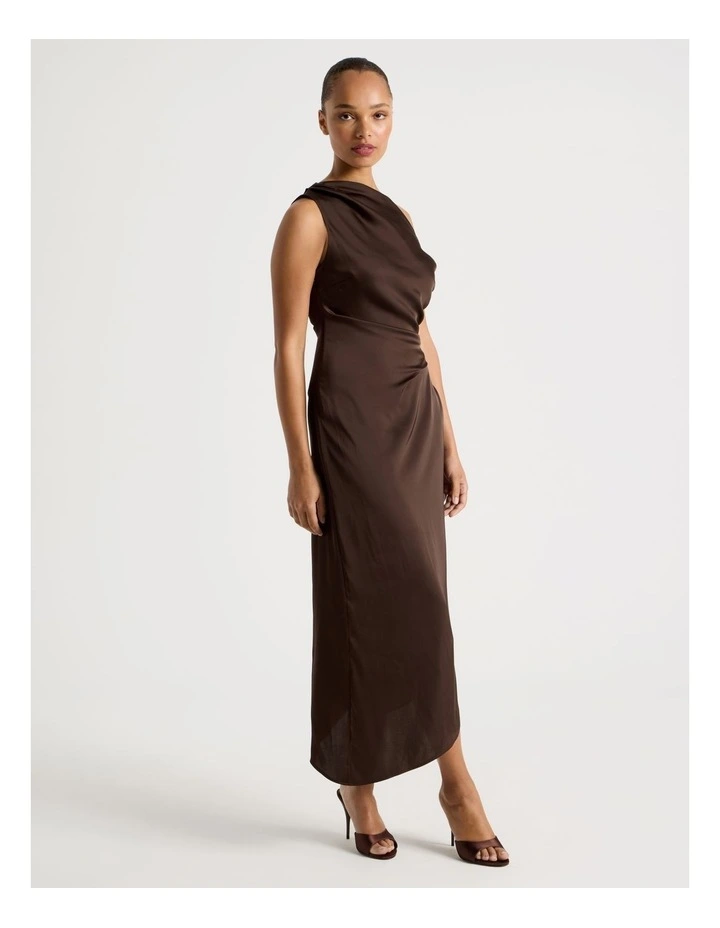 Satin Draped Asymmetrical Midi Dress in Dark Brown image 5