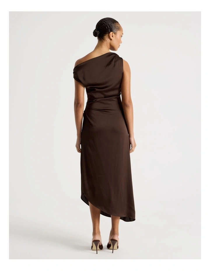 Satin Draped Asymmetrical Midi Dress in Dark Brown image 6