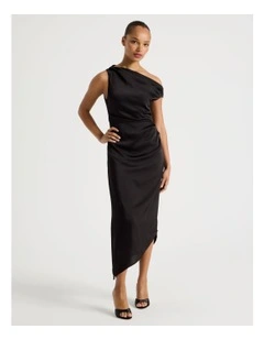 Satin Draped Asymmetrical Midi Dress in Black