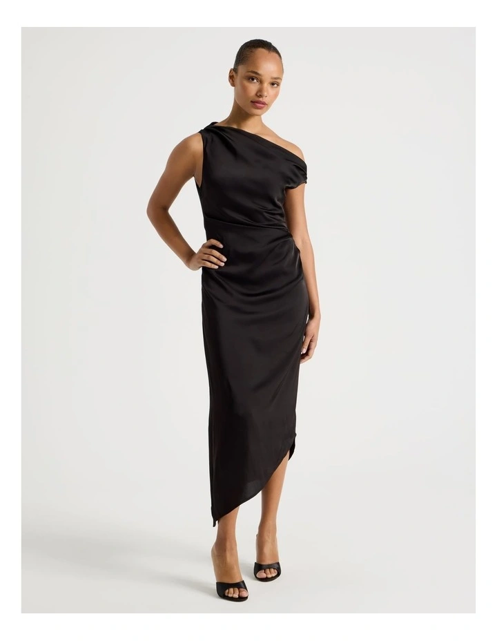 Satin Draped Asymmetrical Midi Dress in Black image 1