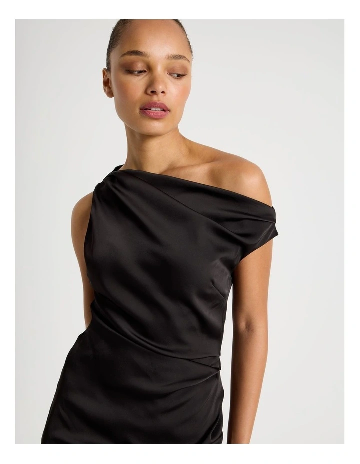 Satin Draped Asymmetrical Midi Dress in Black image 2