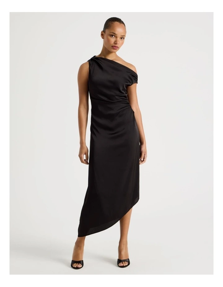 Satin Draped Asymmetrical Midi Dress in Black image 3