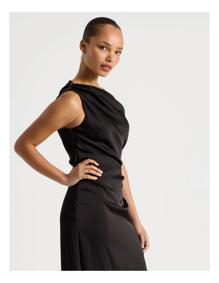 Satin Draped Asymmetrical Midi Dress in Black image 4