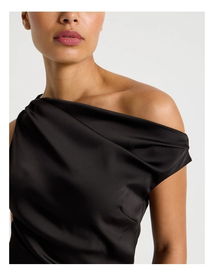 Satin Draped Asymmetrical Midi Dress in Black image 5