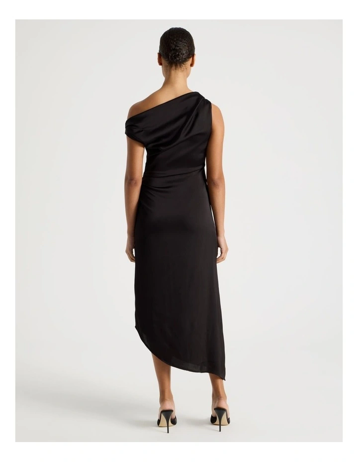 Satin Draped Asymmetrical Midi Dress in Black image 6