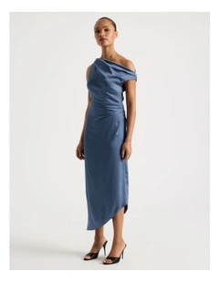 Satin Draped Asymmetrical Midi Dress in Dusty Blue