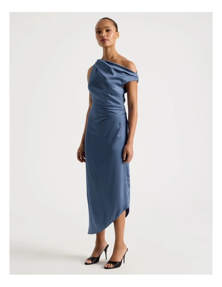Satin Draped Asymmetrical Midi Dress in Dusty Blue image 1