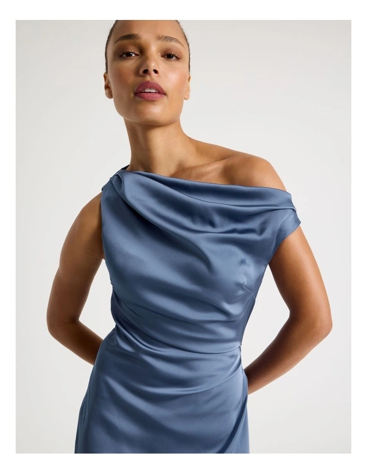 Satin Draped Asymmetrical Midi Dress in Dusty Blue image 2