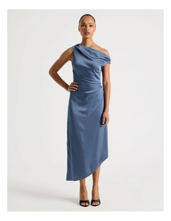Satin Draped Asymmetrical Midi Dress in Dusty Blue image 3