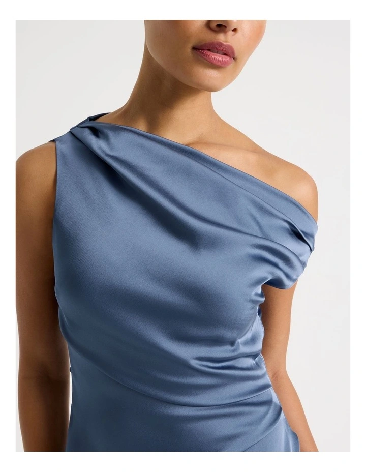 Satin Draped Asymmetrical Midi Dress in Dusty Blue image 4